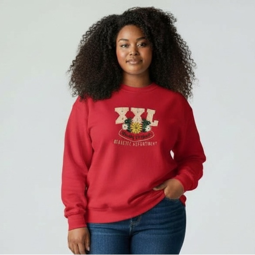 Vintage Embroidered Athletic Red Graphic Women's Crewneck Sweater